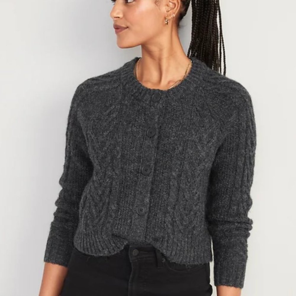 NEW Stretchy Wool Blend Sz Medium Petite Gray Cozy Cardigan Sweater OLD NAVY